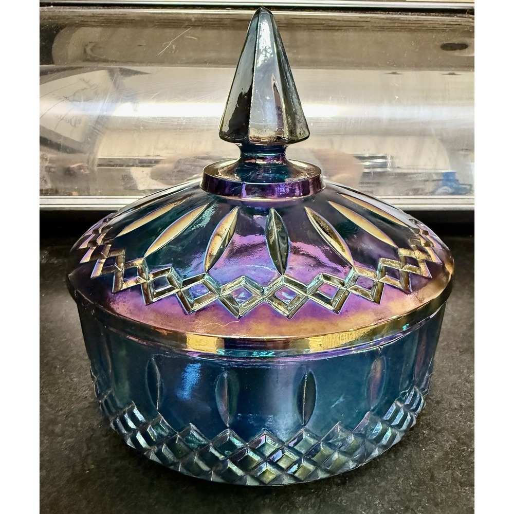 Vintage Indiana Glass Princess Blue Carnival Iridescent Candy Dish Bowl With Lid